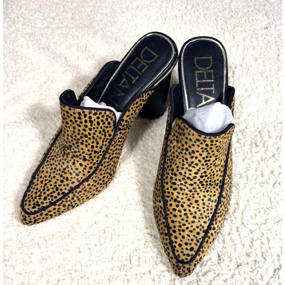 Deltan Size 9.5 Womens Leather Cheetah Print Calf Hair Slip on Mules - EUC